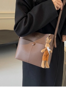 Women Vintage Litchi Texture PU Leather Bucket Bag Fashion Shoulder Crossbody Bag With Cute Rabbit Pendant Daily Handbag