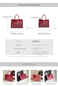 Detailed size chart for red wedding tote bag showing large and small dimensions