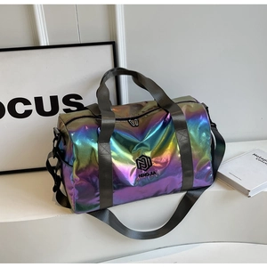 Close-up of holographic duffel bag showing iridescent material and NINGJIA logo