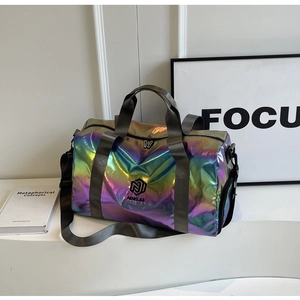 Detailed macro view of the holographic waterproof fabric on this large travel fitness bag
