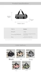 Detailed size specifications and color options for the large travel fitness sports bag