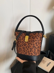 Vintage Leopard Print Bucket Bag For Women PU Leather Faux Fur Crossbody Bag Handbag With Gold Lock Adjustable Shoulder Bag