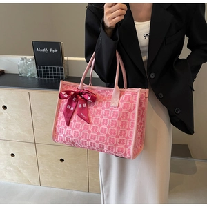 Pink bridal tote bag featuring red Double Happiness embroidery and bow ribbon detail