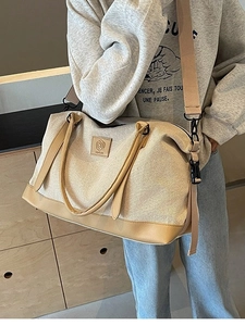 Sac de Voyage en Toile pour Femmes Grande Capacité Épissage en Cuir Sac Cabas Décontracté Sac Bandoulière Sportif Sac à Main de Week-End