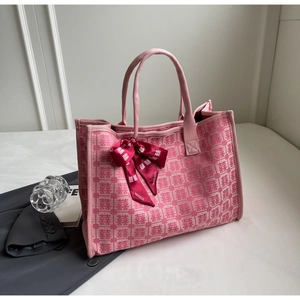 Pink bridal tote bag featuring red Double Happiness jacquard and silk ribbon bow