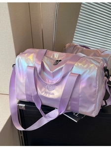 Holographic purple waterproof fitness duffel bag with NINGJIA logo and shoulder strap