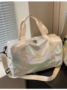 Iridescent silver large capacity fitness travel bag with shoulder strap and laser pearl finish