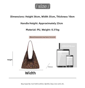 Size chart for leopard print tote bag with A4 and iPad dimension comparisons