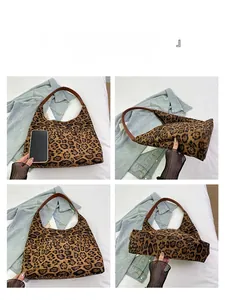 Detailed views of leopard print tote bag showing front, side, back and bottom structure