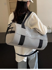 Gray cylindrical fitness travel bag with dry-wet separation and Ningjia embroidery