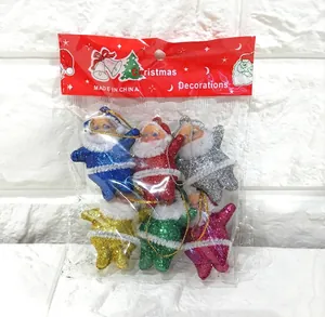 Set of six colorful glitter Santa Claus ornaments with gold strings for Christmas tree