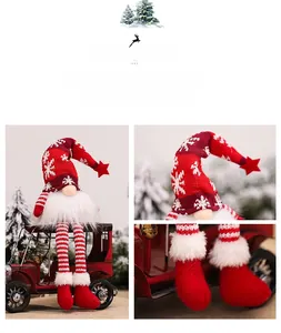 Close-up of a festive Christmas gnome featuring a snowflake hat and striped legs on a vintage car