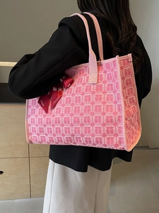 Pink jacquard wedding tote bag with red Xi characters and decorative silk scarf