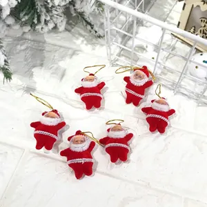 Set of 6 red flocked Santa Claus ornaments with gold strings for Christmas tree decoration