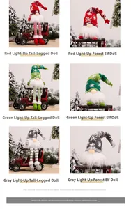 Close-up of glowing forest gnome plush dolls in red green and grey colors with warm lights