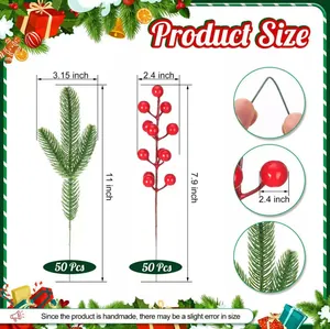 Set of 50 green pine needles and 50 red berry branches for Christmas decorations