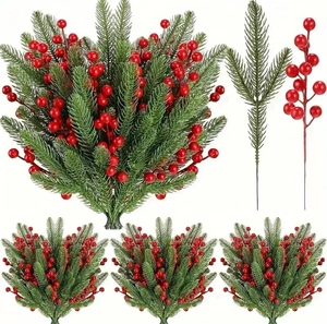 Artificial PE Christmas Pine Needle Branches Red Berries Picks For Christmas Tree Winter Floral Arrangement Home Decor