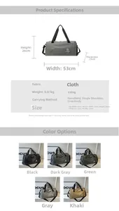 Travel bag dimensions and specifications with five color options for fitness and yoga