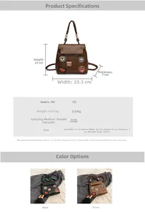 Detailed size specifications and material chart for vintage brown PU backpack with badges