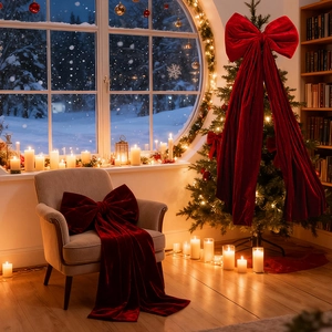 Gros plan d'un nœud décoratif géant en velours rouge foncé sur un sapin de Noël illuminé
