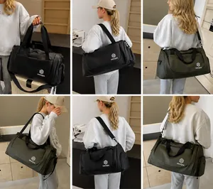 Multiple views of large capacity travel bag with separate shoe compartment in black and green