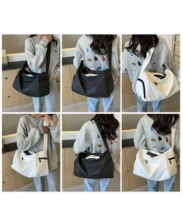 Detailed multi-angle views of large capacity nylon sports bag on model in white and black