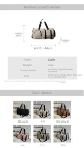 Guide des tailles du sac de voyage de fitness avec dimensions 44x23x21cm et 6 coloris divers