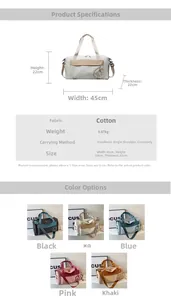 Graphique des dimensions du sac de sport 45x22x22cm et options de couleurs variées