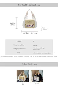 Size chart for large canvas tote bag showing 29x33x13cm dimensions and weight info