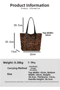 Detailed size chart for the leopard print tote bag with dimensions and strap length