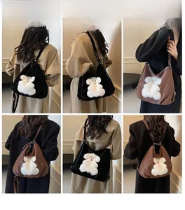 Detailed views of versatile tote bag with plush bear charm in black and brown colors