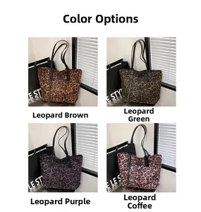 Detailed grid view of leopard print tote bags in brown, green, purple, and coffee colors
