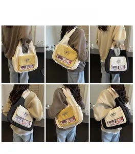 Detailed model views of canvas tote bags with transparent PVC pockets and cartoon badges