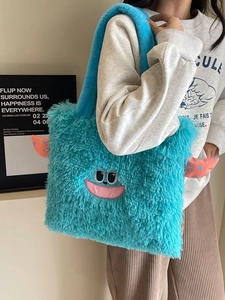 Sac Fourre-tout en Peluche Monstre Dessin Animé pour Femmes Grande Capacité Sac à Bandoulière Brodé en Fausse Fourrure