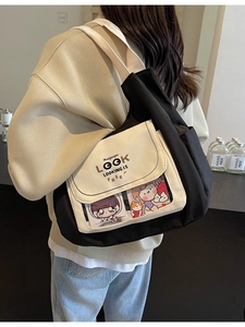 Large Capacity Canvas Tote Bag For Women Japanese Style Contrast Color Shoulder Bag With Transparent Window Shopping School Bag
