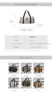 Detailed size chart and multi-color options for the large travel duffel fitness bag