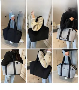 Detail shots showing light and durable tote bags for fitness and travel in black and grey