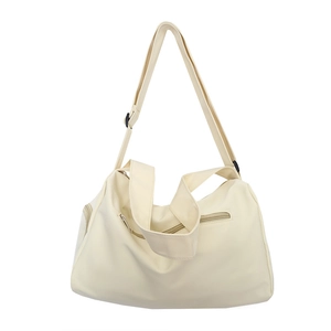 Off-white large sports gym bag with multiple zipper pockets and adjustable shoulder strap