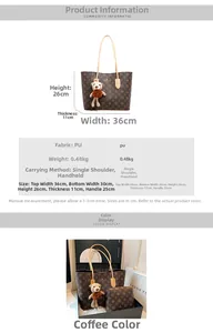 Detailed dimension view of retro coffee tote bag with logo pattern and bear charm