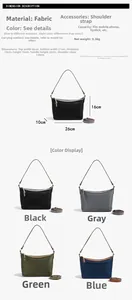 Detailed view of lightweight nylon shoulder bags in black, gray, blue, and green variants