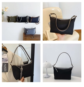 Collage of four minimalist nylon shoulder bags in black, green, navy, and grey colors