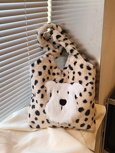 Grand Sac Cabas Femme Peluche Imprimé Léopard Tacheté Patch Chien Mignon Sac à Épaule Fausse Fourrure Mode Automne Hiver