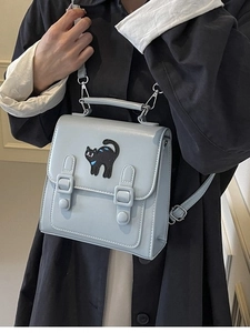 Mini sac à dos en cuir PU bleu clair avec broderie chat et sangles décoratives