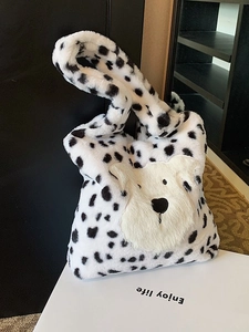 Sac à bandoulière en peluche à pois avec patch chien mignon et texture douce en fausse fourrure