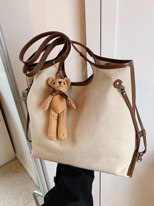 Large Capacity Canvas Tote Bag For Women Vintage PU Leather Patchwork Shoulder Bag With Bear Charm Commuter School Bag