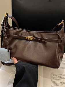 Vintage PU Leather Shoulder Bag For Women Retro Underarm Hobo Bag With Gold Lock Buckle And Mini Sub Bag Fashion Handbag