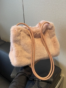 Pink fluffy faux fur tote bag with leather straps for women winter fashion styling