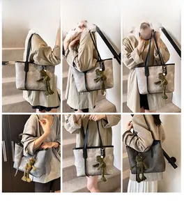 Detailed views of a large grey marble tote bag with green plush frog charm on shoulder