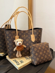 Retro deep brown tote bag with MQ pattern, matching pouch and cute bear pendant accessory