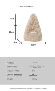 Detailed size specifications for the large plush shoulder bag in beige faux fur